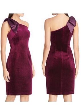 Eliza J One-Shoulder Velvet Sheath Dress in Plum with Bow